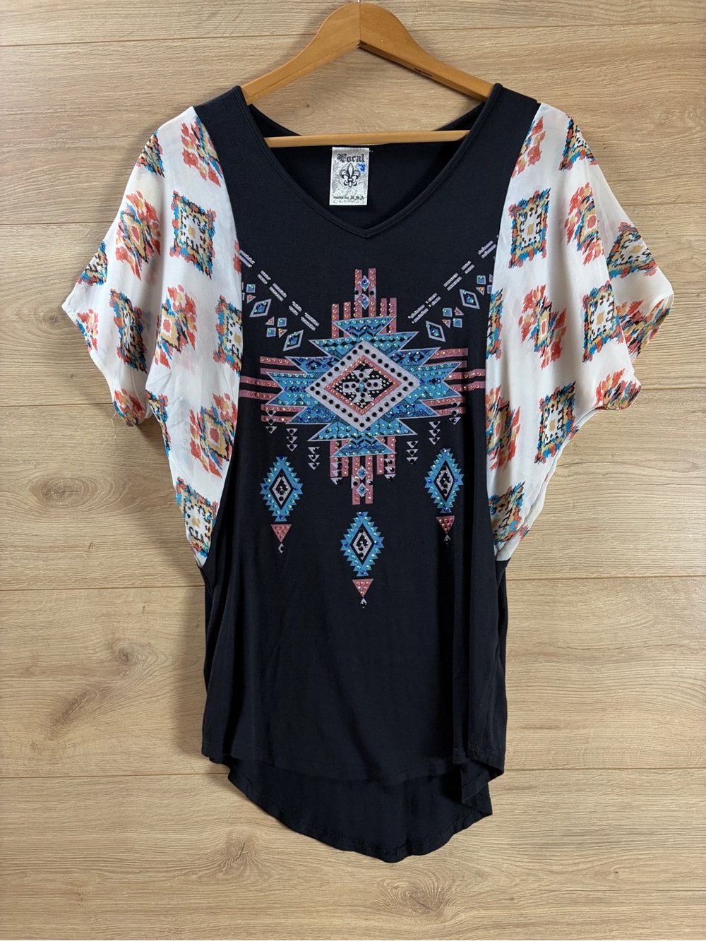 Vocal USA Boho Aztec Print Embellished Flutter Top - Small